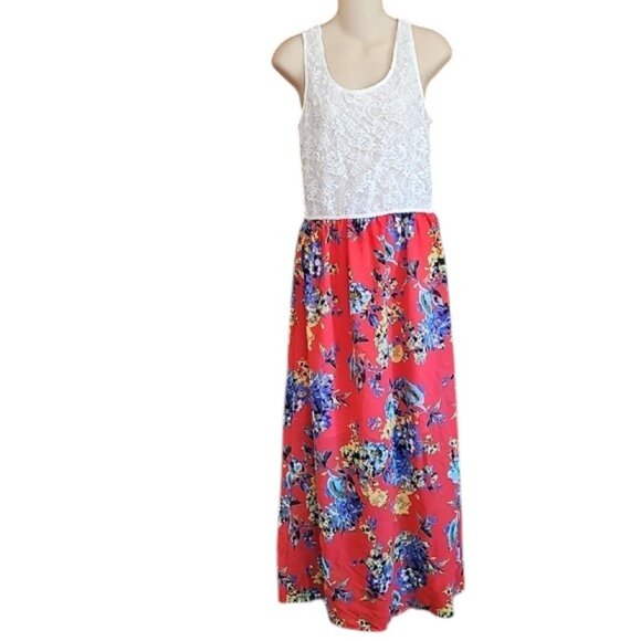 Speed Control Floral Red Maxi Skirt White lace top sleeveless - Picture 2 of 9